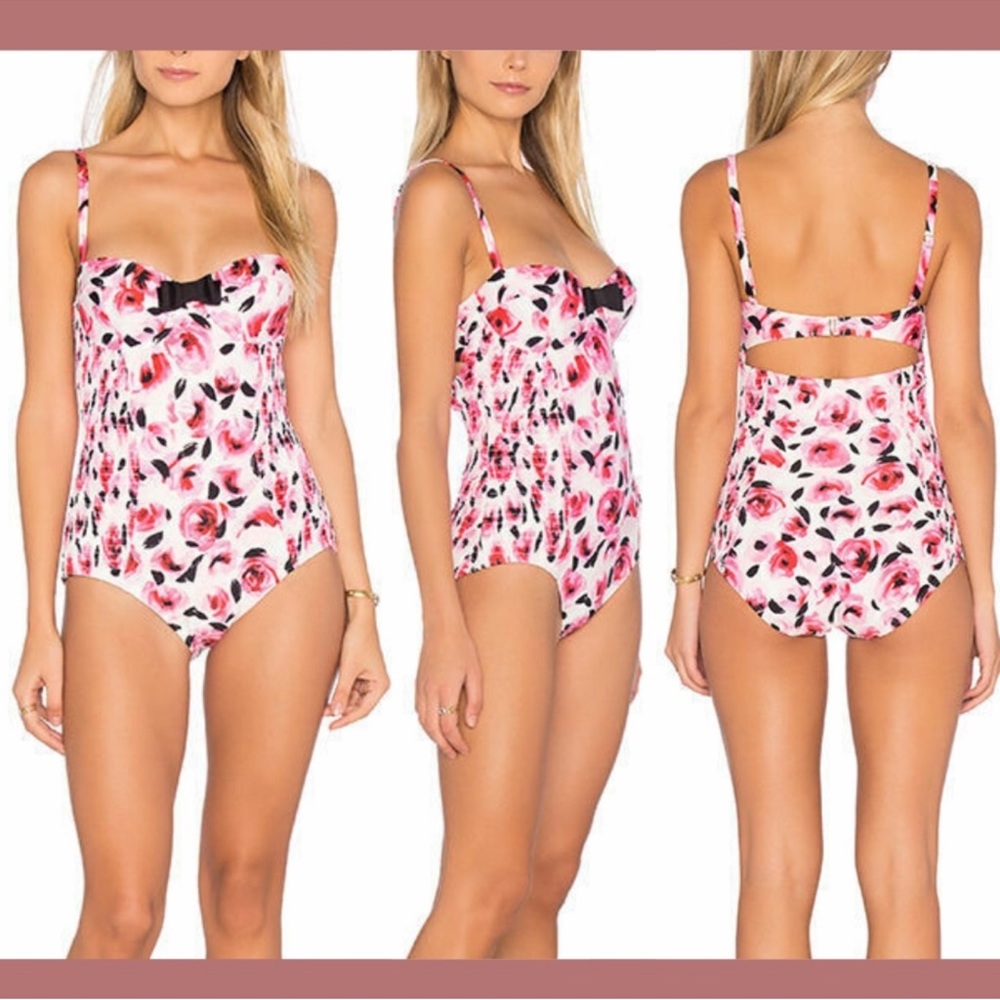Kate Spade Pink Floral Bay of Roses Smocked One Piece Swimsuit